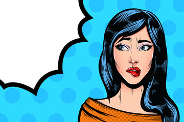 Pop Art Vintage advertising poster comic girl with speech bubble. Confused thinking pretty girl © stonepic