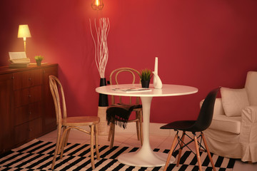 Modern interior on marsala wall background