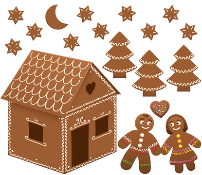 Gingerbread house with trees, moon and stars. Isolated vector illustration on white background.