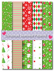 Christmas seamless patterns with santa,snowflakes,candycanes and more.Green and red.