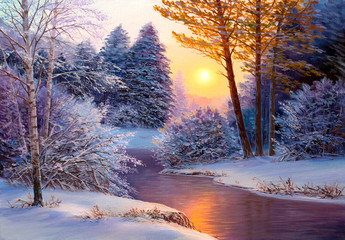 Christmas forest with river - 129468845