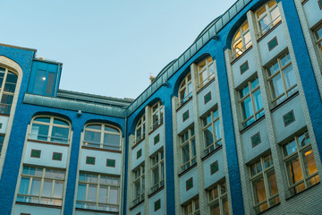Fototapeta na wymiar blue and white brick facaded building