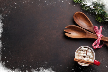 Christmas background with hot chocolate and marshmallow