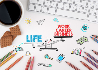 Work Life Balance Concept. White office desk.