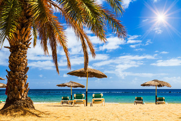 Fototapeta na wymiar Turquoise sea, deckchairs, yellow sand and palms, sun, very beautiful nature