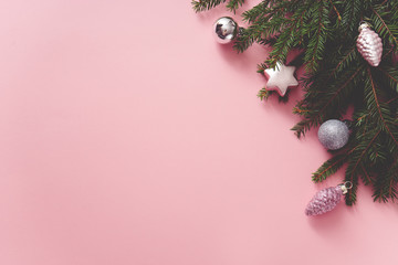 christmas theme. christmas three and toys, flat lay