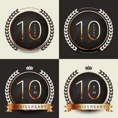 Ten years anniversary celebration logotype. 10th anniversary gold logo set.