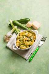 oven pasta with leek zucchinis and parmesan cheese