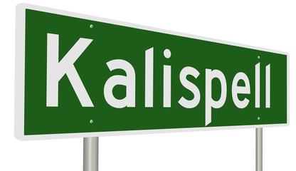 A 3d rendering of a green highway sign for Kalispell, Montana