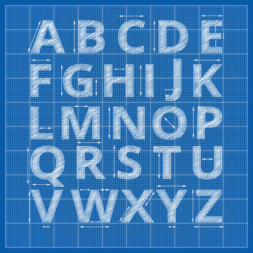 Blueprint alphabet. Vector drafting paper letters