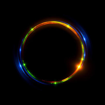 Abstract neon background. luminous swirling bunner. Glowing spiral. 
Shine round frame with light circles light effect. Glowing cover. 
Space for message. Glossy. LED ellipse. Glint