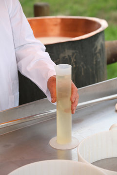 cheesemaker grab with the hand a plastic tube with the rennet to