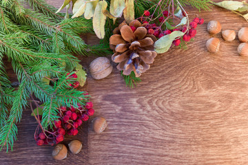 Christmas decorations on a wooden board