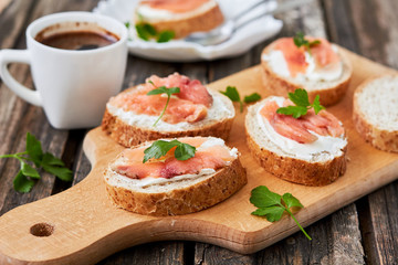 Smoked salmon and cream cheese sandwich.Delicious snack or breakfast.