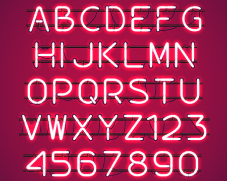Glowing Red Neon Alphabet with letters from A to Z and digits from 0 to 9 with wires, tubes, brackets and holders. Shining and glowing neon effect. Vector illustration.