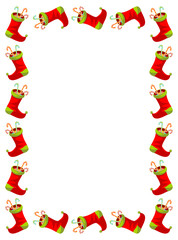 Large rectangular frame with Christmas gift socks and candy-canes. 