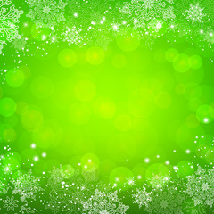Fototapeta premium Green Christmas snowflakes bokeh background. Vector illustration.