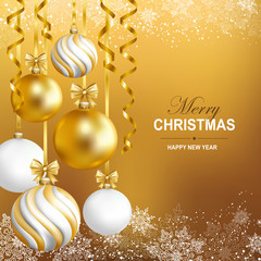 Merry Christmas and Happy New Year card with gold, white and striped balls, snowflakes and gold serpentine. Vector illustration.
