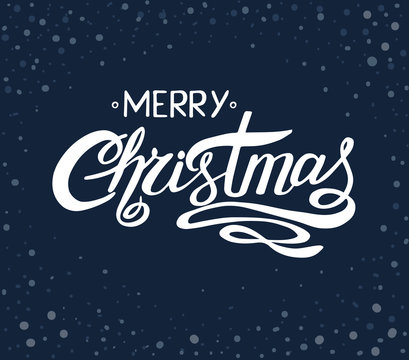 "Merry Christmas" handwritten inscription on dark blue background with beautiful snowflakes. Hand drawn lettering.
