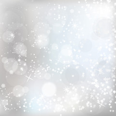 Silver bokeh lights background with snowflakes. Vector illustration.