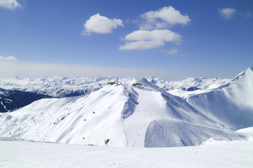 ski and snowboard slopes on top of high mountains, La Plagne, Alps, Paradiski, France.