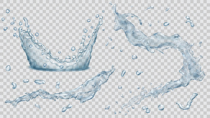 Water splashes, water drops and crown from splash of water. Transparency only in vector file