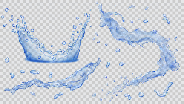 Water splashes, water drops and crown from splash of water. Transparency only in vector file