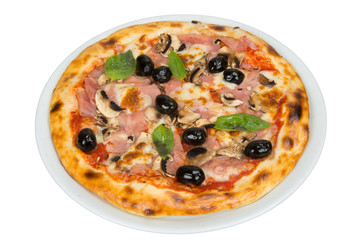 Pizza with tomato sauce, bacon, mushrooms and olives.
