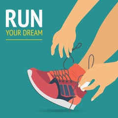 Running female woman leg in shoes isolated on blue background vector illustration. Prepare to run and sport.