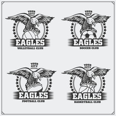 Volleyball, baseball, soccer and football logos and labels. Sport club emblems with eagle.
