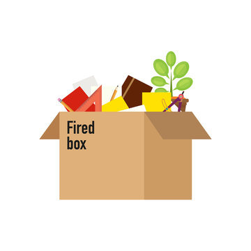 Businessman fired box with office things. Dismissed vector illustration. Fired from job.