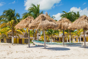 Beautiful beach. Boat on the beach. Tulum, Mexico, Carribean