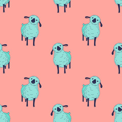 Cute small sheep illustration - seamless pattern, kawaii style farm animals sketch. Hand drawn minimalistic ink drawing with group of baby lamb.