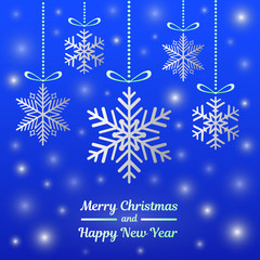 Shiny Christmas card with silver snowflakes on blue background. Vector.