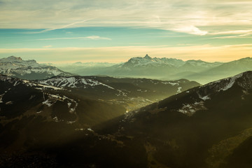 Mountain scene with sun light casting shadows