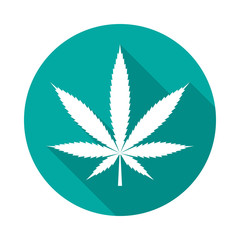 Cannabis leaf icon with long shadow. Flat design style. Round icon. Marijuana silhouette. Simple circle icon. Modern flat icon in stylish colors. Web site page and mobile app design vector element.