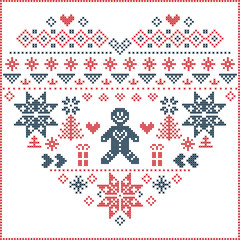 Heart Shape and inspired by  Norwegian Christmas and festive winter  pattern in cross stitch with Christmas tree, snowflake, gingerbread man , heart in red and blue