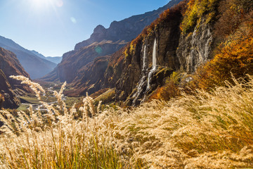Mountains view with waterfalls and cliffs