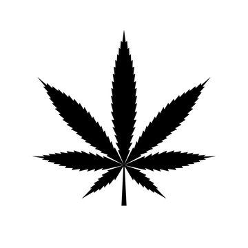 Cannabis leaf icon. Black icon isolated on white background. Marijuana silhouette. Simple icon. Web site page and mobile app design vector element.