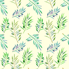 Floral seamless pattern with olive branch. Vegetable background in hand drawn watercolor style.
