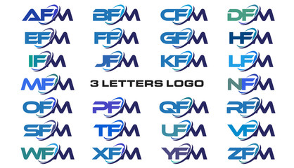 3 letters modern generic swoosh logo AFM, BFM, CFM, DFM, EFM, FFM, GFM, HFM, IFM, JFM, KFM, LFM, MFM, NFM, OFM, PFM, QFM, RFM, SFM, TFM, UFM, VFM, WFM, XFM, YFM, ZFM