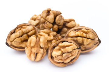 Walnut and walnut kernel isolated on the white background.