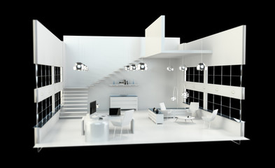 Depth of focus on modern white office interior 3D rendering