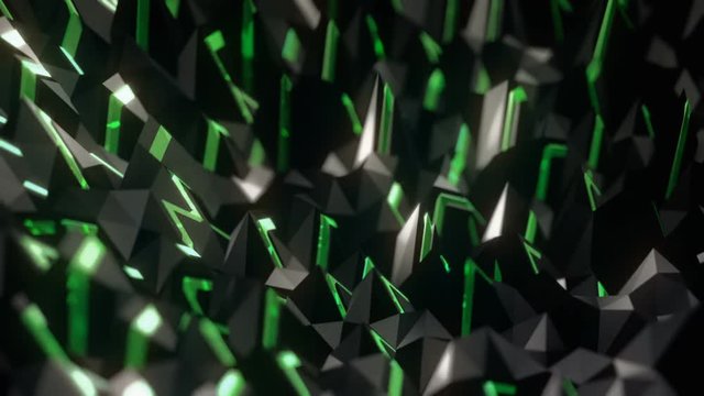 Sharp Crystal Field Loop 1C: dark landscape with depth-of-field effect of dynamic sharp rock shapes pulsating and flashing mysterious green edges, FullHD and seamlessly loop-able