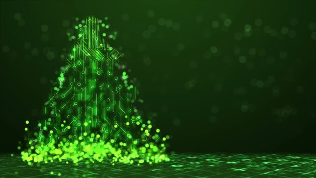 Abstract Technology Christmas Tree Background - Green Loopable Animation 4k.