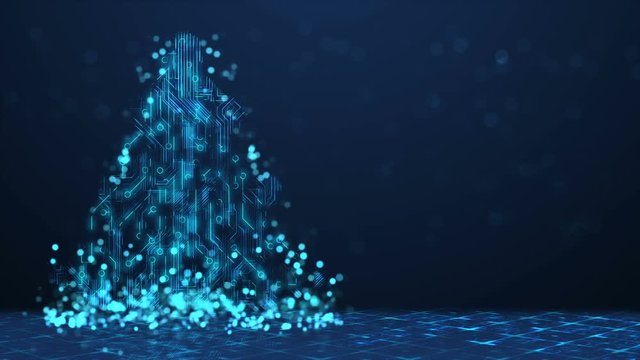 Abstract Technology Christmas Tree Background - Blue Loopable Animation 4k.
