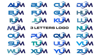 3 letters modern generic swoosh logo AUM, BUM, CUM, DUM, EUM, FUM, GUM, HUM, IUM, JUM, KUM, LUM, MUM, NUM, OUM, PUM, QM, RM, SM, TM, UM, VM, WM, XM, YM, ZUM