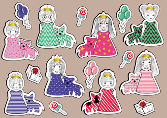 Set of flat icons princesses girls in colorful dresses with dogs sketch. Vector illustration.