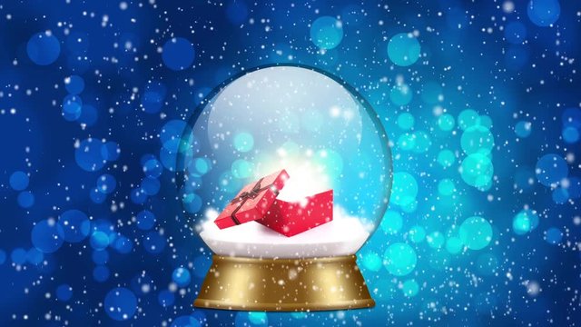 snowglobe animation with falling snow on a blue background