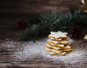 Christmas or new year gingerbread cookies in a wooden box